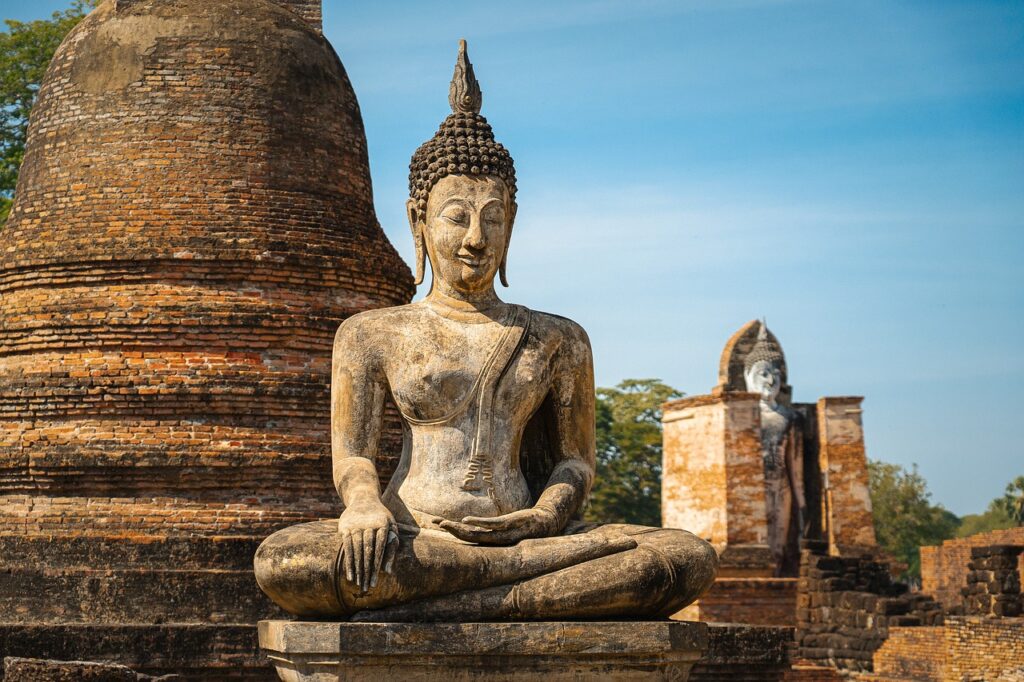 Buddha statue in a traditional Thai temple, symbolizing peace and enlightenment in Thai culture.